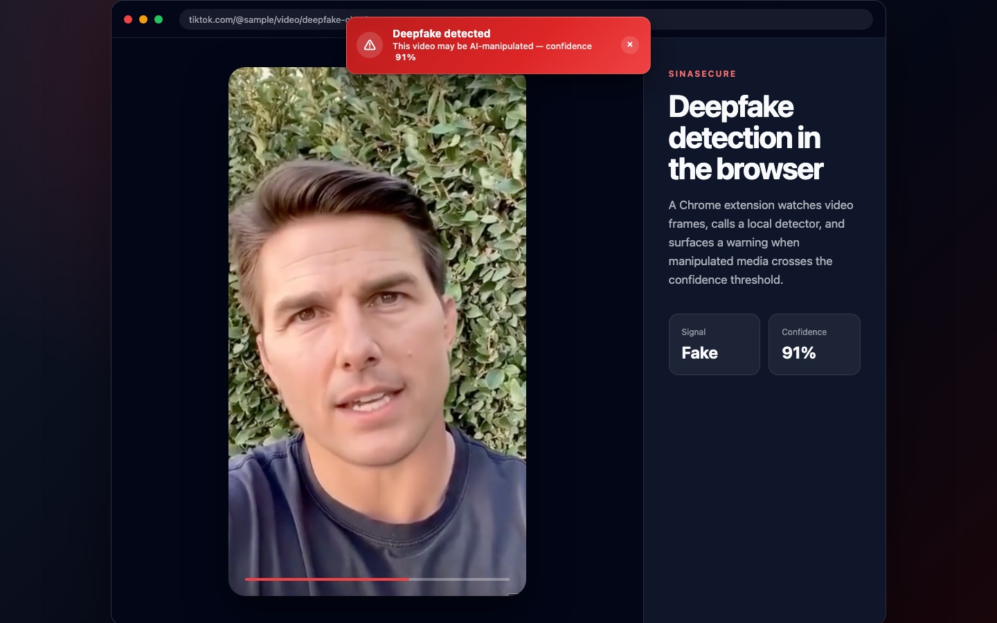 SinaSecure deepfake detection overlay screenshot